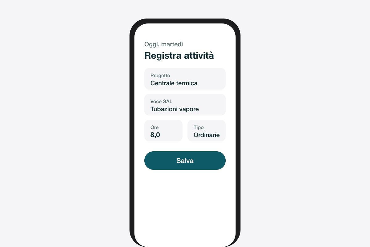 Telefono con il modulo di registrazione: progetto, voce del SAL, 8 ore ordinarie e il pulsante Salva.
