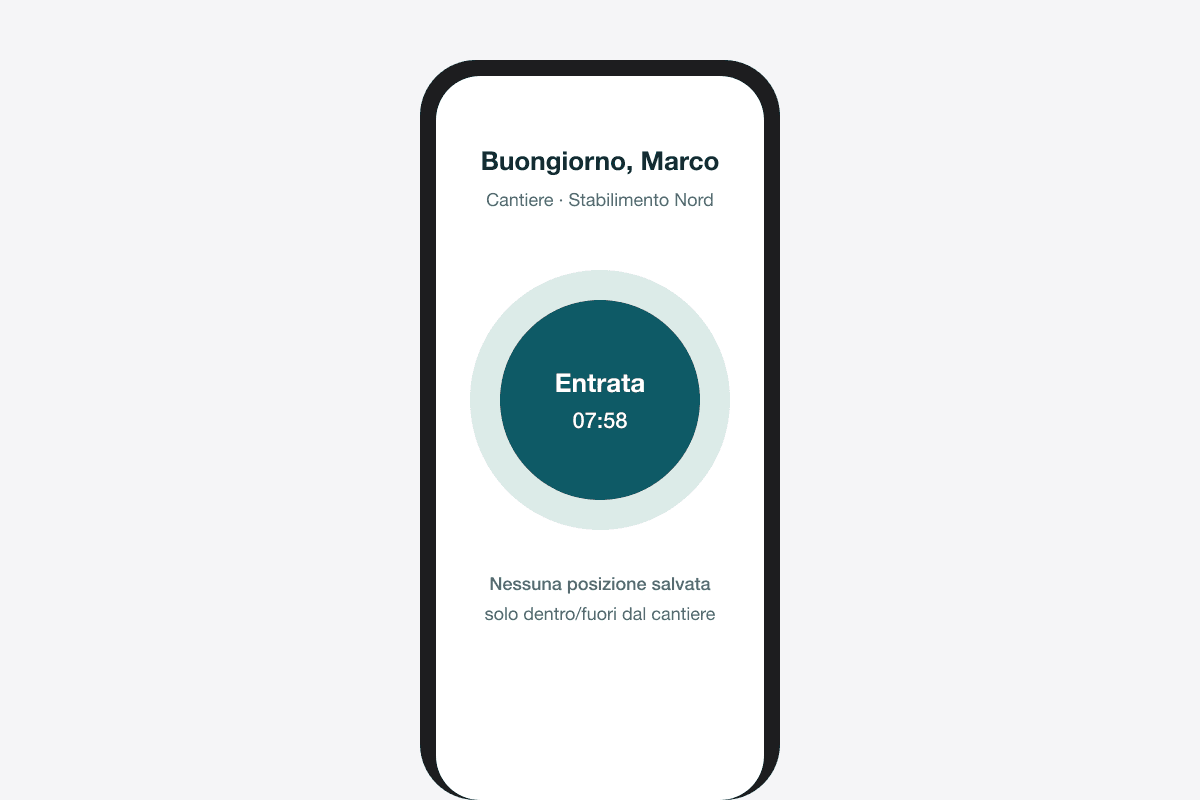 Telefono con un grande pulsante di entrata alle 07:58 e la nota che nessuna posizione viene salvata.