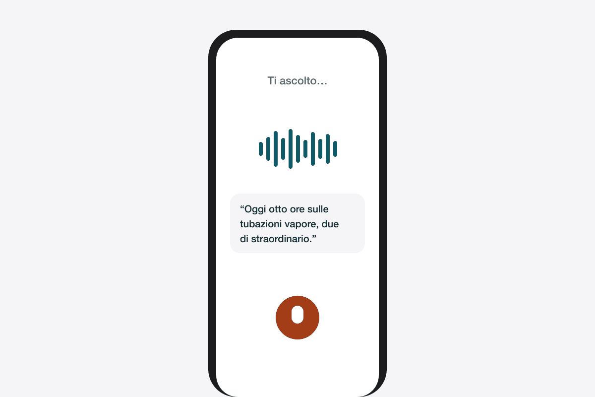 Telefono in ascolto con la forma d’onda e la trascrizione: otto ore sulle tubazioni vapore, due di straordinario.