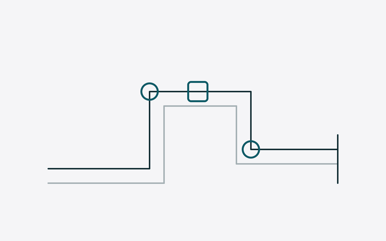 Schema di una linea di tubazioni con valvole e raccordi evidenziati in blu.